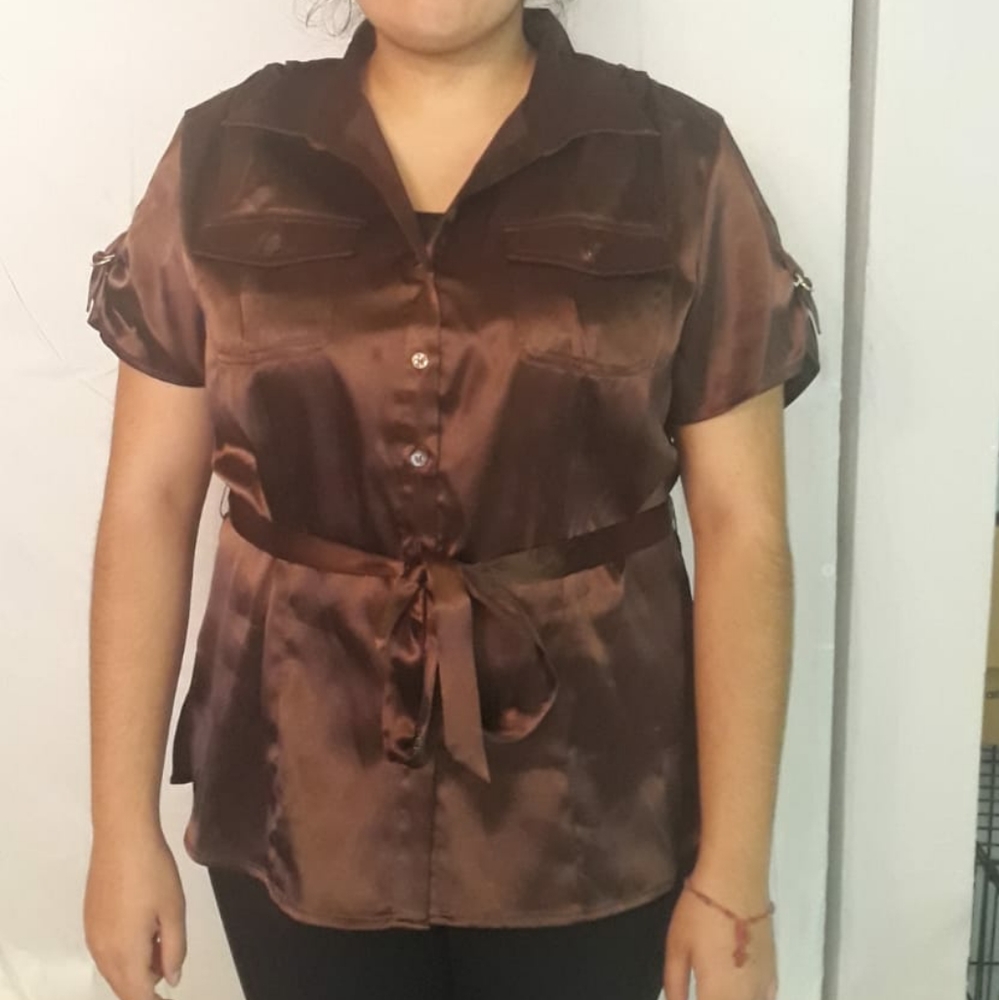 Cato brown belted button up top
